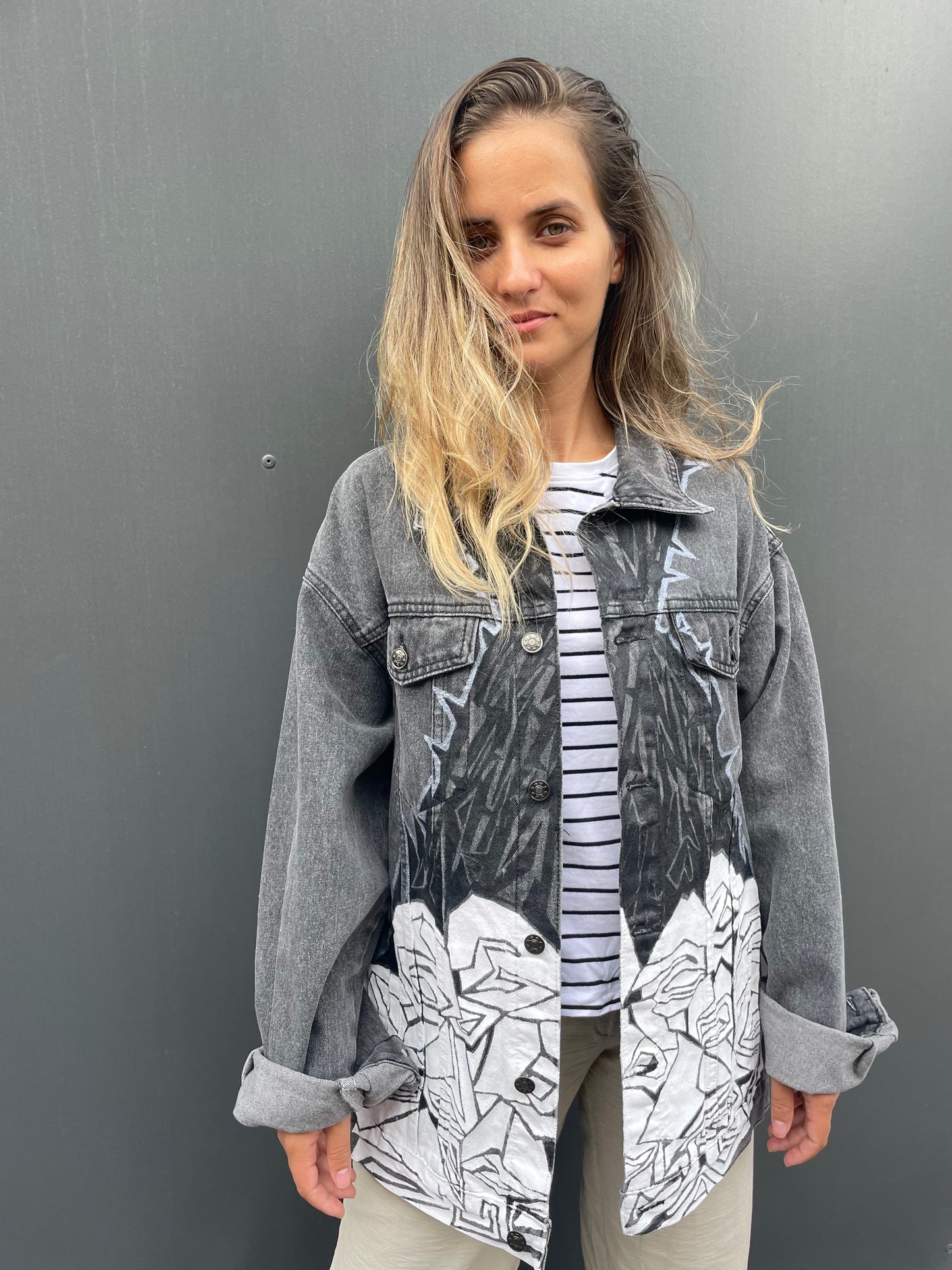 Jeansjacke | white roses - unikat